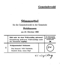 Stimmzettel mit den Kandidaten der Wahlgemeinschaft Holzhauen