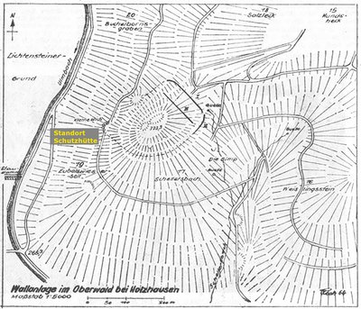 Standorkarte Kleine Wiege Holzhausen, Skizze von Karl Reeh, 1964, Lage: Lat, Long: 50.6027778,8.275277777777779